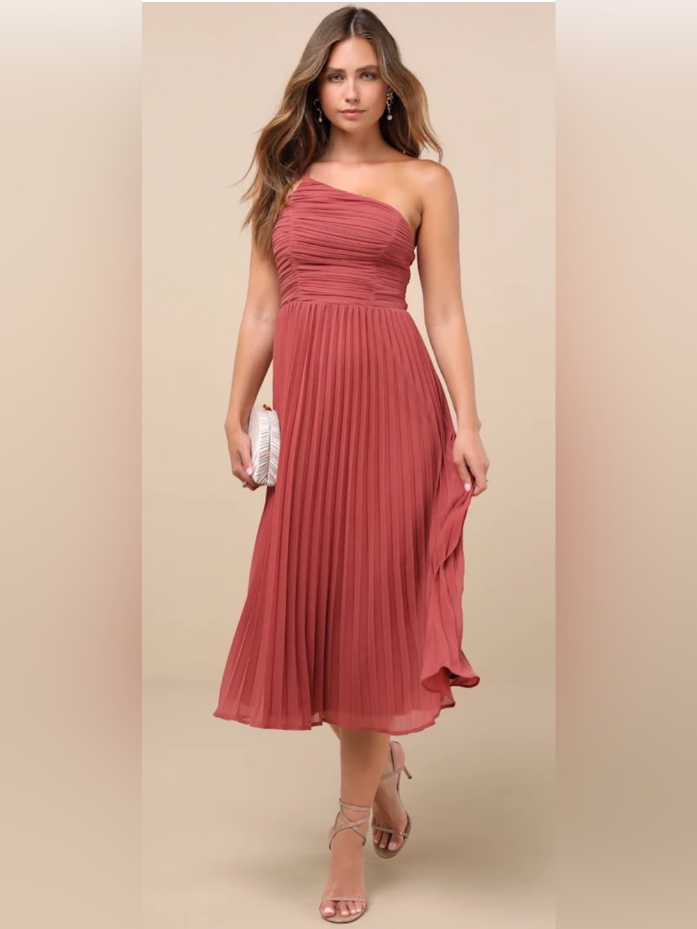 Lulus Wondrous Muse Pleated One Shoulder Midi Dress in Rusty Rose NWT XXL